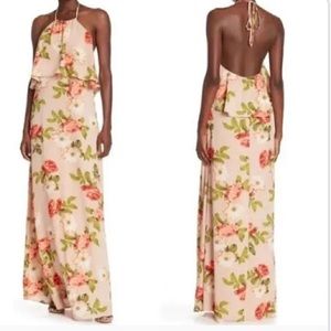 Show Me Your Mumu Aimee Pink Floral Halter Flutter Top Maxi Dress- Size L